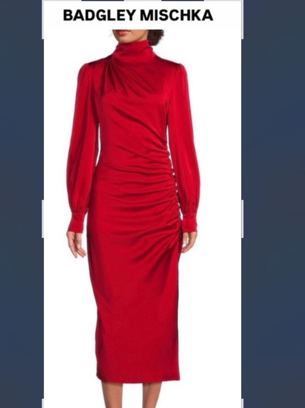 Badgley Mischka Red Turtleneck Long-Sleeve Midi Dress with Side Ruching